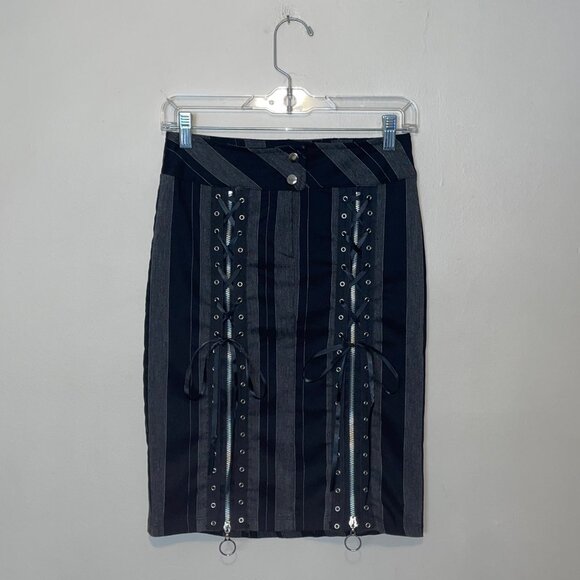 Y2K Black Orchid Black Striped Lace-Up Pencil Skirt Whimsigoth Punk Size XS - Picture 4 of 8